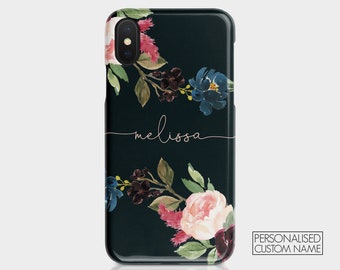 Funda rígida personalizada con nombre y diseño de rosas inglesas, flores y ramas para iPhone 15, 14, 13, 12, 11, Xs, 5s, 8 SE, Samsung Galaxy S20, S10