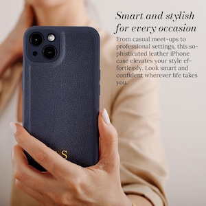 May include: A navy blue leather iPhone case with a gold monogram. The case has a textured surface and a camera cutout.