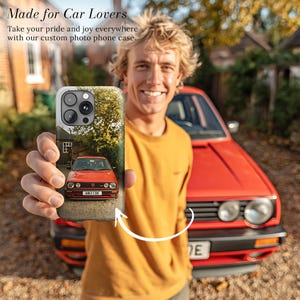 May include: A phone case featuring a red car with the text "AB12 CDE". The case has a photo of the car on it. The text "Made for Car Lovers" and "Take your pride and joy everywhere with our custom photo phone case" are also visible.