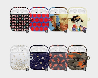 May include: Eight different AirPod case covers with various designs. The designs include hearts, polka dots, a painting of Vincent Van Gogh, a Japanese woman, stars, a galaxy, lobsters, and camouflage.