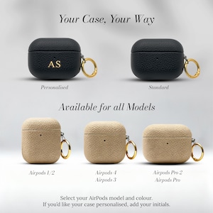 May include: Black and tan AirPods cases with gold-colored key rings. The cases are available in personalized and standard styles, and for all models. Text on the image reads "Your Case, Your Way" and "Available for all Models."
