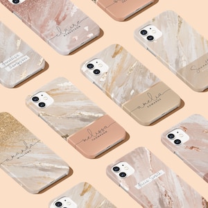 May include: A collection of personalized phone cases with a marble and glitter design. The cases feature names like "Amanda Williams", "Melissa Thompson", "Amelia Edwards", and "Alicia Smith".