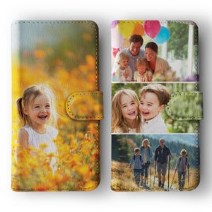 May include: A personalized phone case featuring a collage of family photos. The case is a folio style with a magnetic closure. The left side displays a photo of a young girl in a field of yellow flowers. The right side has three family photos.