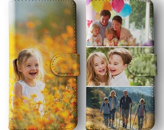 Funda tipo cartera personalizada para iPhone 17, 16, 15, 14, 13, 12 Pro Max Plus y Samsung S25/S23: funda tipo libro con tu propia foto o collage.