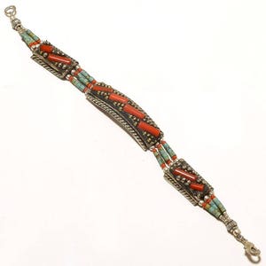 Substantial Statement! Nepali 925 Silver Overlay Handmade Turquoise Coral Tibetan Nepali Bracelet