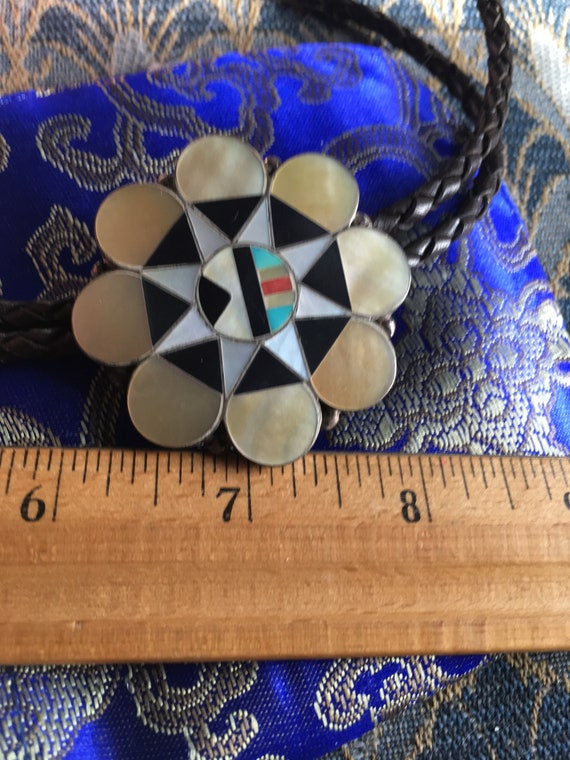 Zuni Mother of Pearl Onyx 2" Turquoise Bolo Nativ… - image 2