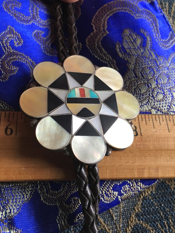 Zuni Mother of Pearl Onyx 2" Turquoise Bolo Nativ… - image 1