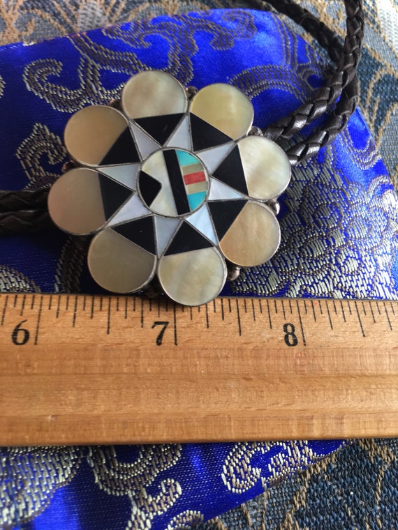 Zuni Mother of Pearl Onyx 2" Turquoise Bolo Nativ… - image 4
