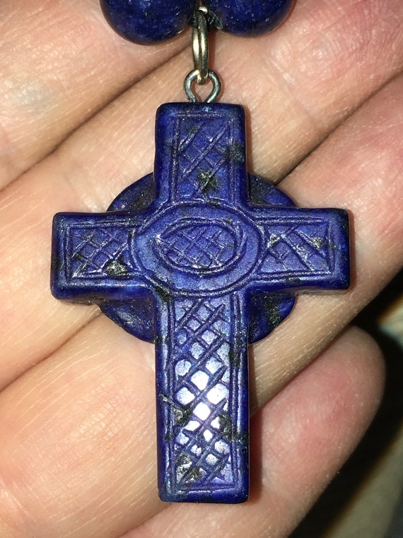 Lapis Lazuli Hand-carved Old Cross on Lapis Bead N