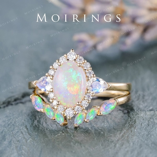 Opal Engagement Ring Set Rose Gold Cluster Halo Opal Ring Moonstone Ring Australia Opal Vintage Ring Chevron Opal Band Bridal Set 2pcs