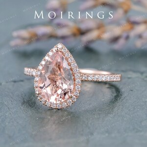 2ct Morganite Ring Pear Shaped Engagement Ring Rose Gold Engagement Ring Moissanite Halo Ring Thin Dainty Pear Morganite Jewelry Women Retro