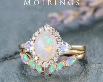 Opal Engagement Ring Set Rose Gold Cluster Halo Opal Ring Moonstone Ring Australia Opal Vintage Ring Chevron Opal Band Bridal Set 2pcs