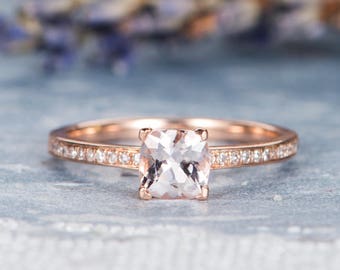 Morganite Ring Mini Engagement Ring Rose Gold Eternity Band Unique Wedding Ring Cushion Cut Bridal Anniversary Promise Women Gift for Her