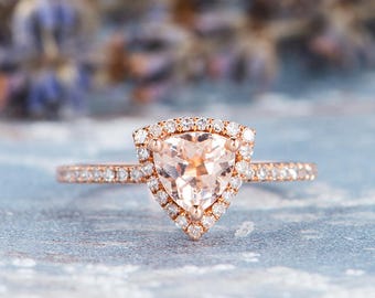 Morganite Engagement Ring Rose Gold Diamond Ring Women Unique Triangle Gemstone Halo Half Eternity Promise Engraving Anniversary Thin Gift