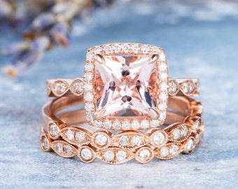 Princess Cut Morganite Engagement Ring Art Deco Morganite Ring Rose Gold Antique Wedding Band Women Diamond Eternity Promise Stacking 3pcs