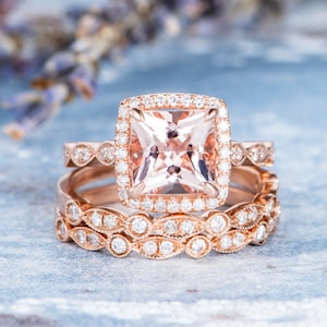 Princess Cut Morganite Engagement Ring Art Deco Morganite Ring - Etsy