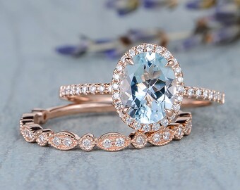 Rose Gold Bridal Set 2pcs Aquamarine Engagement Ring Aquamarine Ring Stacking March Birthstone Moissanite Halo Art Deco Wedding Band Women