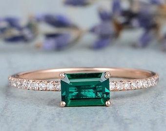 Lab Emerald Engagement Ring East West Setting Emerald Cut May Birthstone Ring Rose Gold Engagement Ring FULL Eternity Moissanite Ring Women