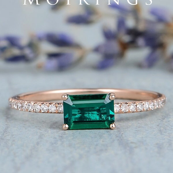 Lab Emerald Engagement Ring East West Setting Emerald Cut May Birthstone Ring Rose Gold Engagement Ring FULL Eternity Moissanite Ring Women