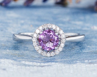 Amethyst Engagement Ring Vintage Solitaire Ring Diamond Halo February Birthstone Bridal Ring White Gold Anniversary Gift for Women Prong Set