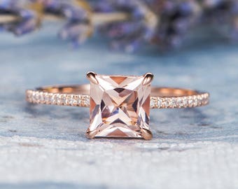 Princess Cut Morganite Ring Rose Gold Engagement Ring Unique Diamond Halo Half Eternity Ring Anniversary Promise Gift Multistone Women Ring