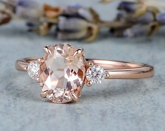 Rose Gold Engagement Ring Morganite Engagement Ring Women 3 Three Stones Ring Claw 4 Prongs Plain Band Diamond Moissanite Ring Family Ring