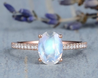 Faceted Moonstone Engagement Ring Moonstone Ring Rose Gold Solitaire Stacking Engagement Ring Birthstone Blue Moonstone Half Eternity Mini
