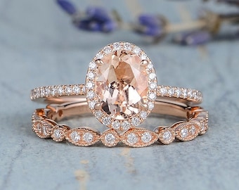 Art Deco Morganite Rose Gold Engagement Ring Diamond Halo Oval Bridal Set Stacking Wedding Band Women Half Eternity Antique Anniversary