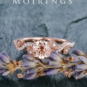 Vintage Morganite Engagement Ring Rose Gold Filigree Leaf Stacking Band Delicate Wedding Ring Dainty Vine Morganite Ring Birthstone Jewelry