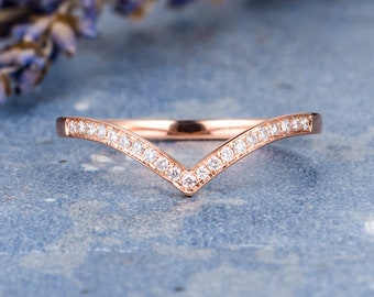 Rose Gold Diamond Wedding Band Women V Shaped Curved Chevron Ring Matching Band Micro Pave Half Eternity Stacking Everyday Delicate Dainty