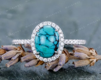 Turquoise Engagement Ring White Gold Ring Diamond Halo Antique Claw Prongs Stacking Anniversary Retro Birthstone Ring Personalized
