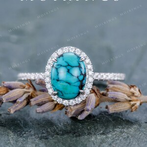 Turquoise Engagement Ring White Gold Ring Diamond Halo Antique Claw Prongs Stacking Anniversary Retro Birthstone Ring Personalized