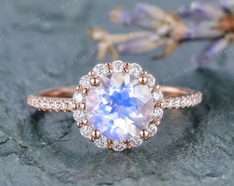 Moonstone Ring Flower Engagement Ring Rose Gold Moissanite Halo Ring Half Eternity Paved Band Birthstone Moonstone Jewelry Antique Women