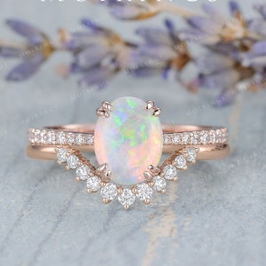 2ct Natural Opal Ring Set Rose Gold Oval Cabochon Opal Ring Chevron Diamond Band Birthstone Australia White Opal Solitaire Ring Set 2pcs image 1