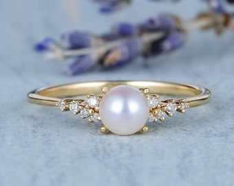 Pearl Engagement Ring Diamond Cluster Engagement Ring Unique Pearl Jewelry Yellow Gold Natural Sea Pearl Birthstone Women Antique Vintage