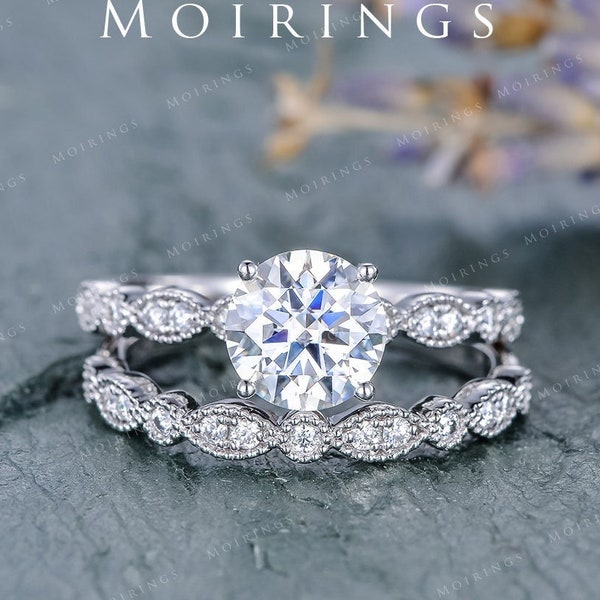 1ct Moissanite Engagement Ring Set White Gold Marquise Stacking Wedding Band Anniversary Promise Solitaire Ring Antique Bridal Ring Set 2pcs