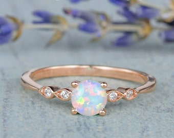 Mini Natural Opal Engagement Ring Rose Gold Engagement Ring White Opal Solitaire Minimalist Thin Stacking Ring Marquise Band Anniversary