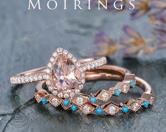 Morganite Engagement Ring Set Rose Gold Vintage Bridal Ring Art Retro HALO Women Anniversary Ring Stacking Turquoise Band Promise Ring 3pcs