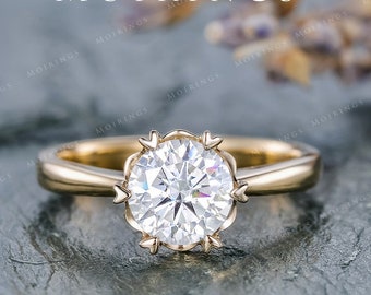 1ct Moissanite Engagement Ring Unique Heart Shaped Prongs Antique Solitaire Wedding Bridal Ring Minimalist Women Promise Yellow Gold Ring