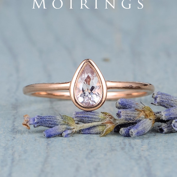 Bezel Set Morganite Ring Rose Gold Minimalist Pear Shaped Cut Engagement Ring Women Promise Unique Stacking Simple Anniversary Gift