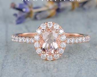 1ct Morganite Engagement Ring Rose Gold French Pave Band Big Diamond Halo Vintage Morganite Ring Low Profile Anniversary Gift for Her