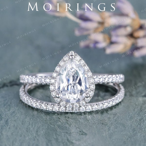 Rose Gold Engagement Ring Pear Shaped White Topaz Bridal Set Birthstone Ring Anniversary Promise Diamond Stacking Wedding Band Women 2pcs