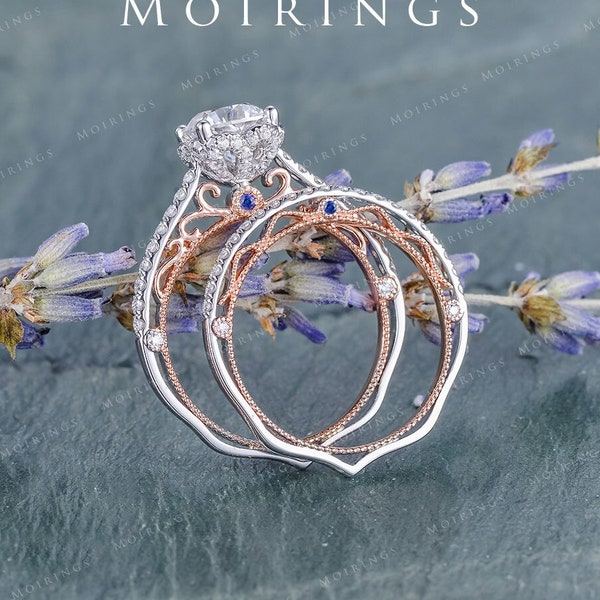1CT Cushion Moissanite Engagement Ring Vintage Sapphire Peekabo Ring Set Cathedral Half Eternity Stacking Filigree Moissanite Ring For Women