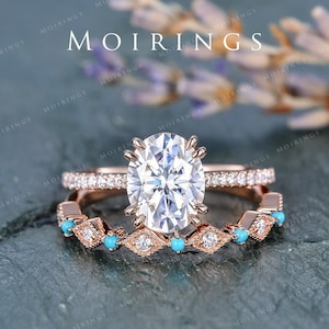Moissanite Engagement Ring Set Rose Gold Unqiue Dainty Diamond Turquoise Wedding Band 7x9mm Moissanite Anniversary Bridal Ring Set 2pcs