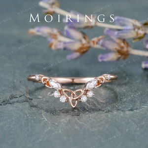 Curved Celtic Wedding Band Rose Gold Moissanite Ring Cluster Marquise Natural Diamond Vintage Ring Enhancer Matching Band Personalized Gifts