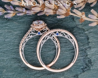 Moissanite Engagement Ring Set Rose Gold Cathedral Setting Peekaboo Stacking Moissanite Ring Beaded Milgran Band  Metel Mixed Bridal Set