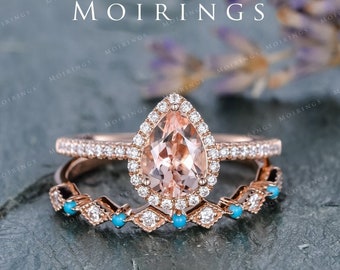 Morganite Engagement Ring Set Rose Gold Bridal Wedding Ring Moissanite Halo Unique Women Anniversary Ring Retro Promise Ring Set 2pcs