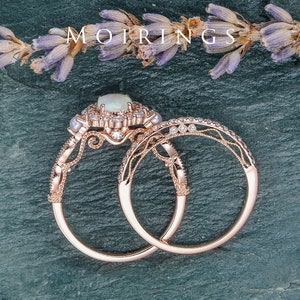 Filigree Opal Engagement Ring Set Rose Gold Pearl Diamond Cluster HALO Ring Marquise Stacking Band Vintage Women Wedding Promise Set 2pcs