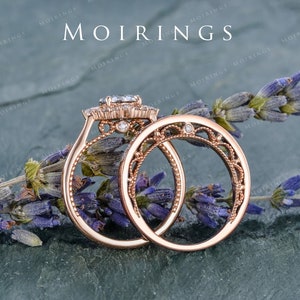 Vintage Moissanite Engagement Ring Set Rose Gold Wedding Ring Set Marquise Cluster Ring Art Deco Wedding Unique Bridal Anniversary Gift