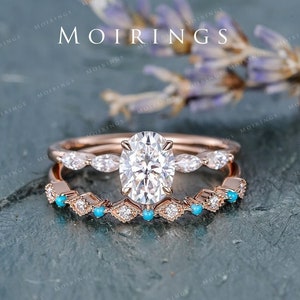 Moissanite Ring Set Rose Gold Infinity Moissanite Engagement Ring Turquoise Ring Wedding Band 6x8mm Moissanite Solitaire Ring Set 2pcs